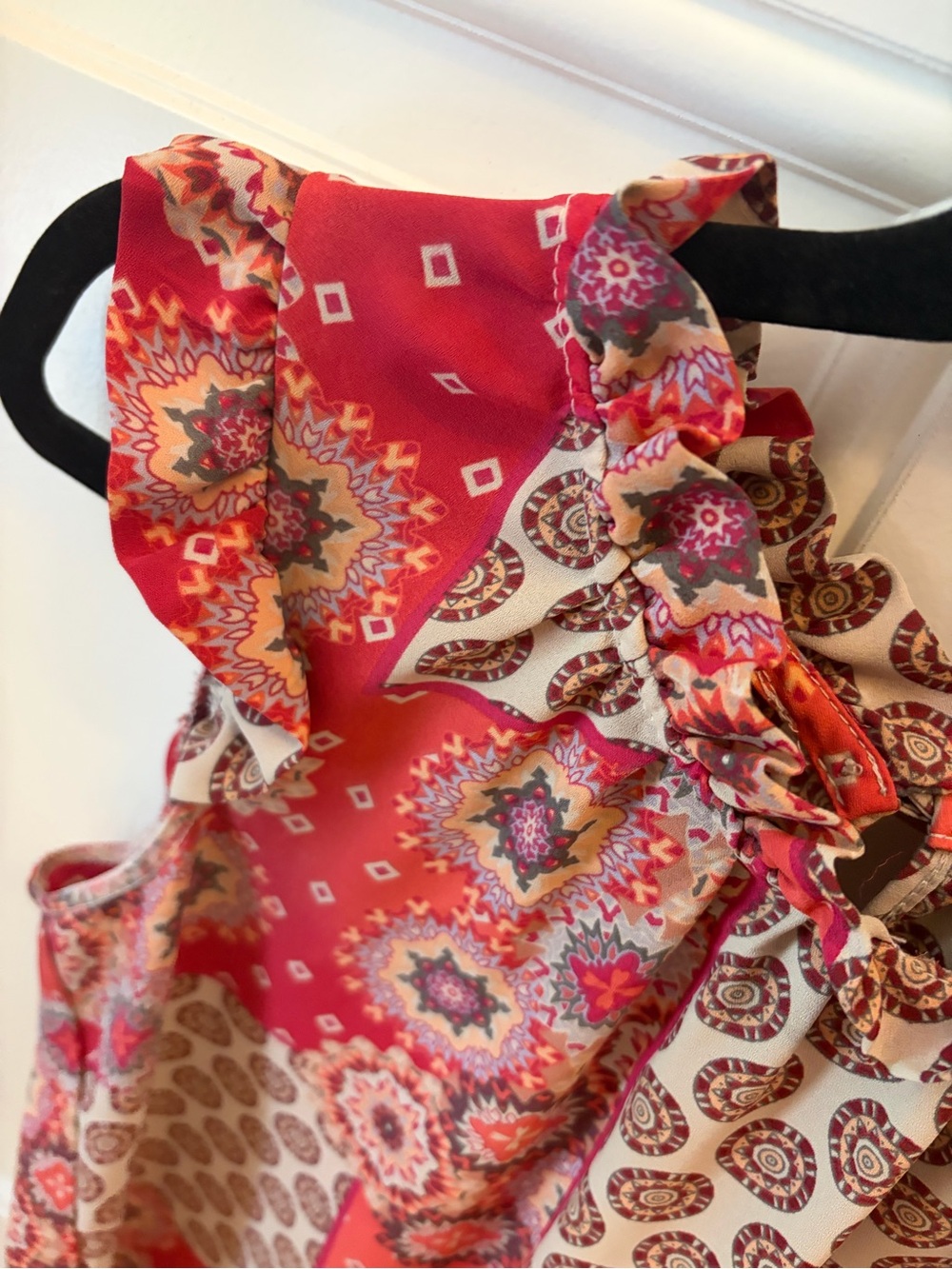 Barely worn - Spense Pink and Cream Patchwork Ruffle Cap-Sleeve Blouse - Picture 4 of 7